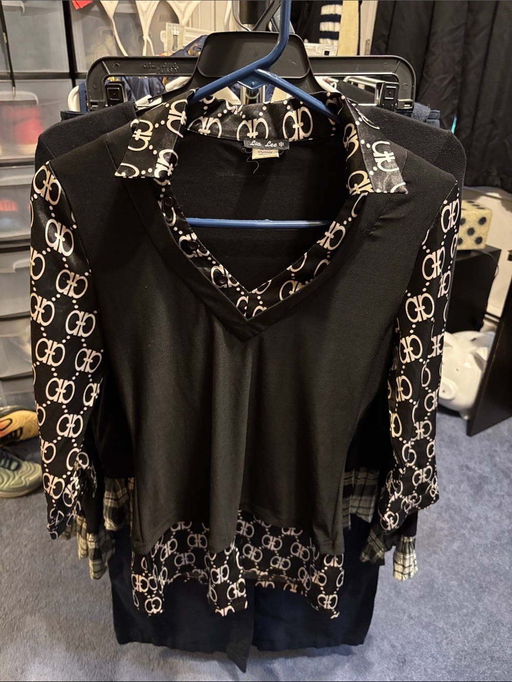 Black V-Neck Layered Blouse with Contrast Monogram Trim
